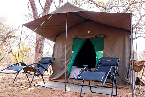 camping tent erected in the Chobe national park during a mobile safari